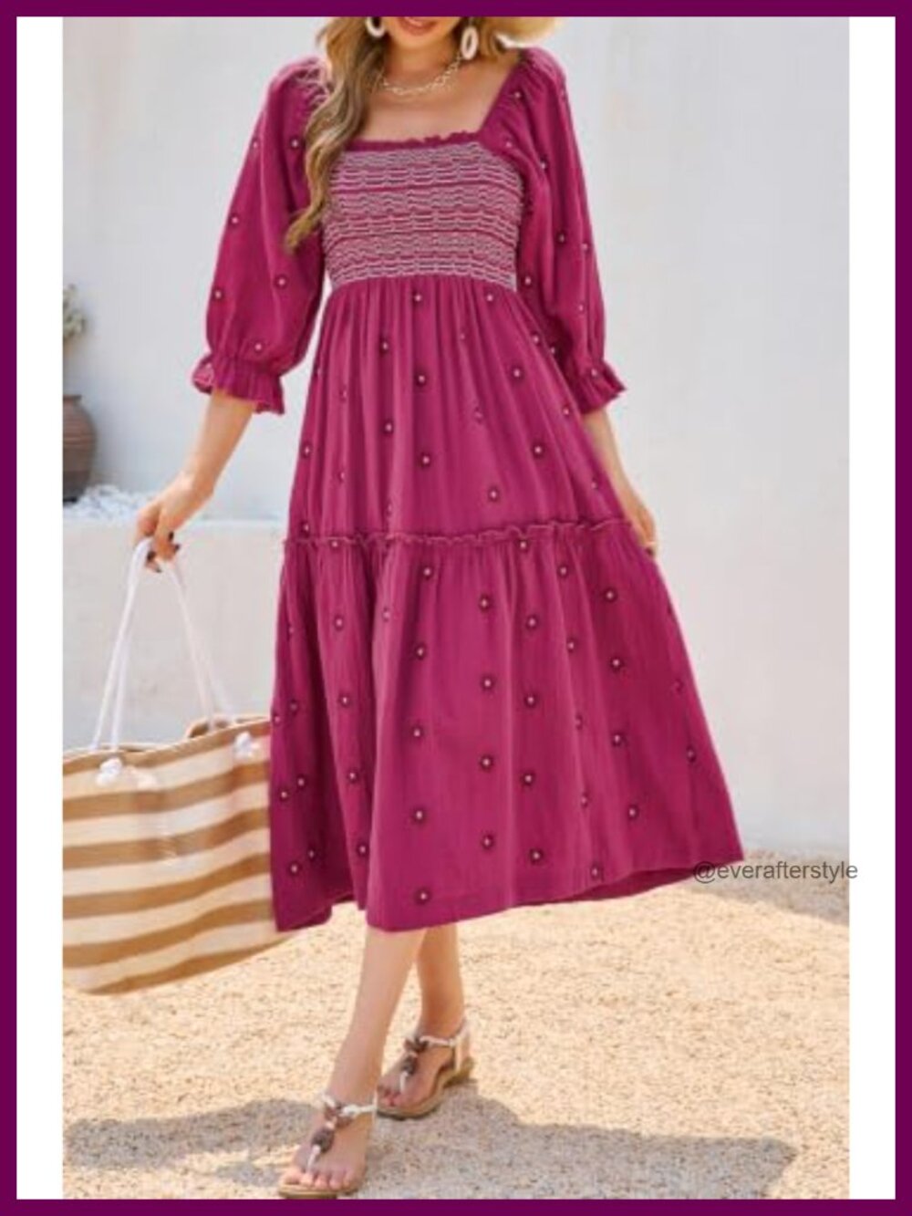 Cotton Floral Embroidered Boho Midi Dress with Pockets - Picture 2 of 6